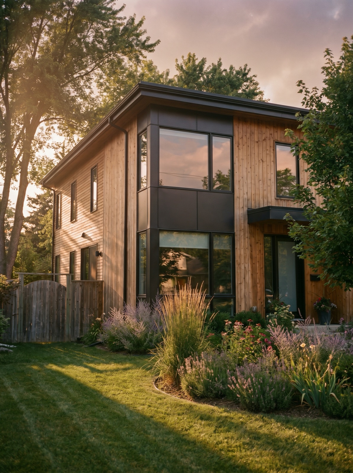 A modern home at golden hour with spotless windows, framed by trees and a lavender garden