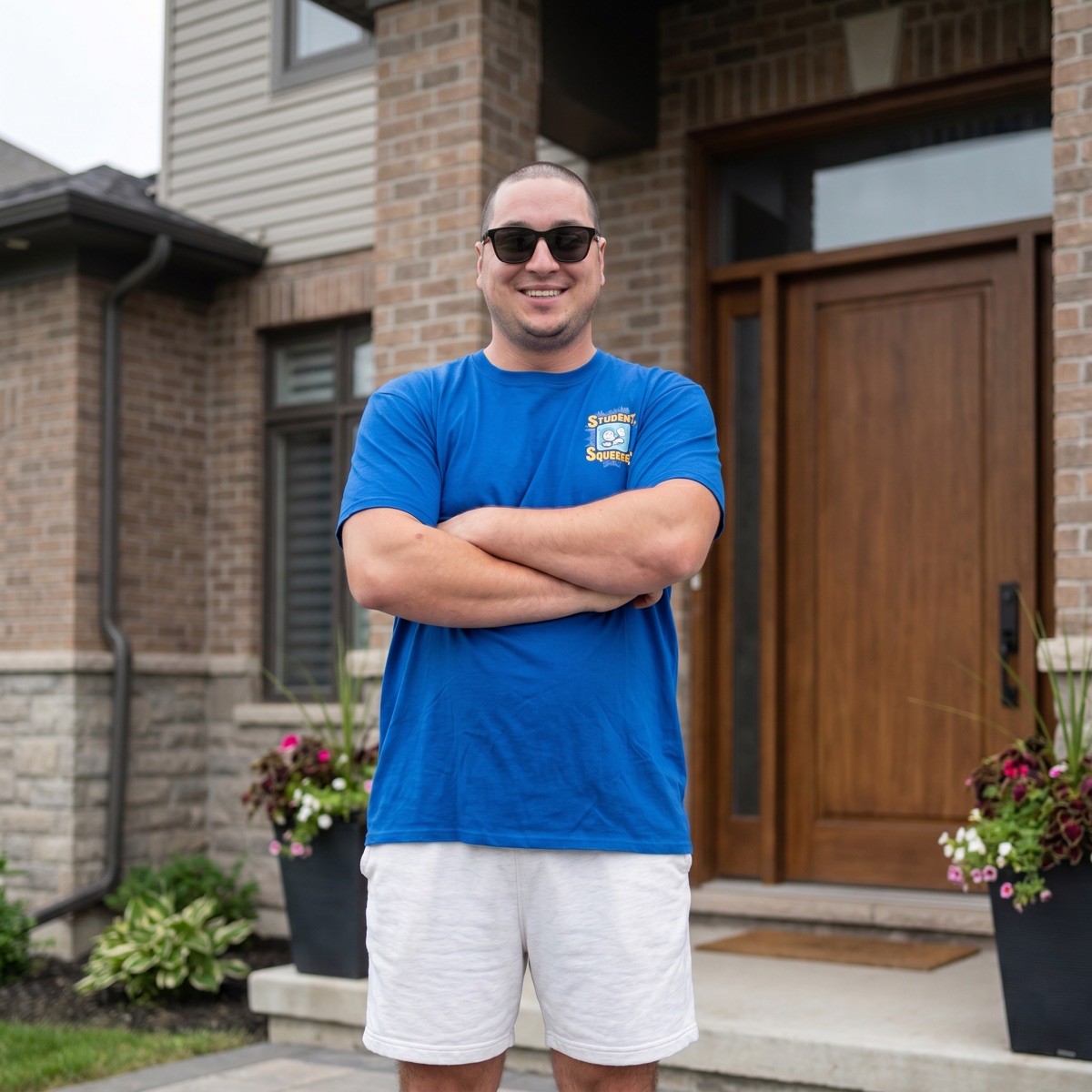Marko, owner of Student Squeegee, smiling with arms crossed outside a home