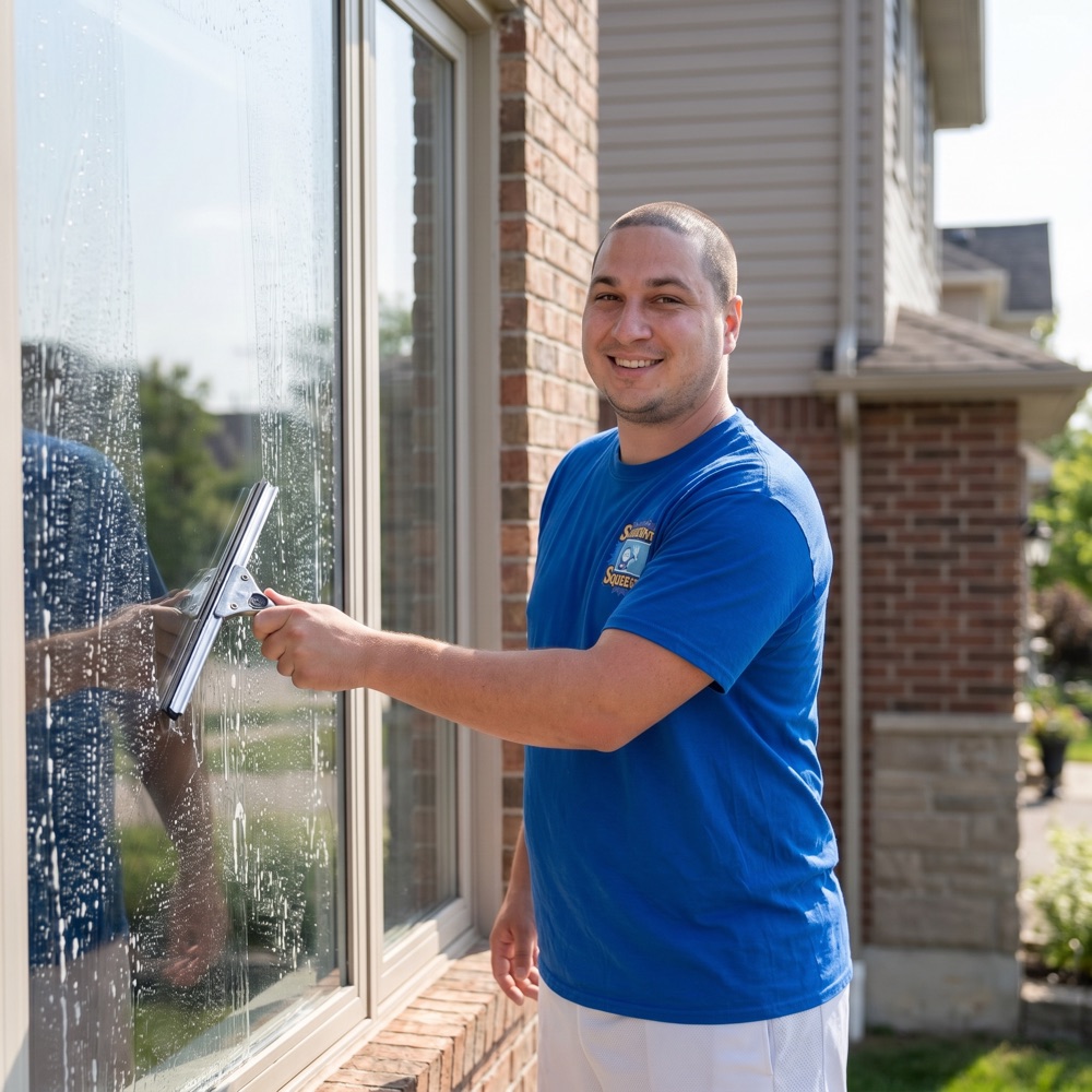 Marko cleaning a window by hand with a squeegee